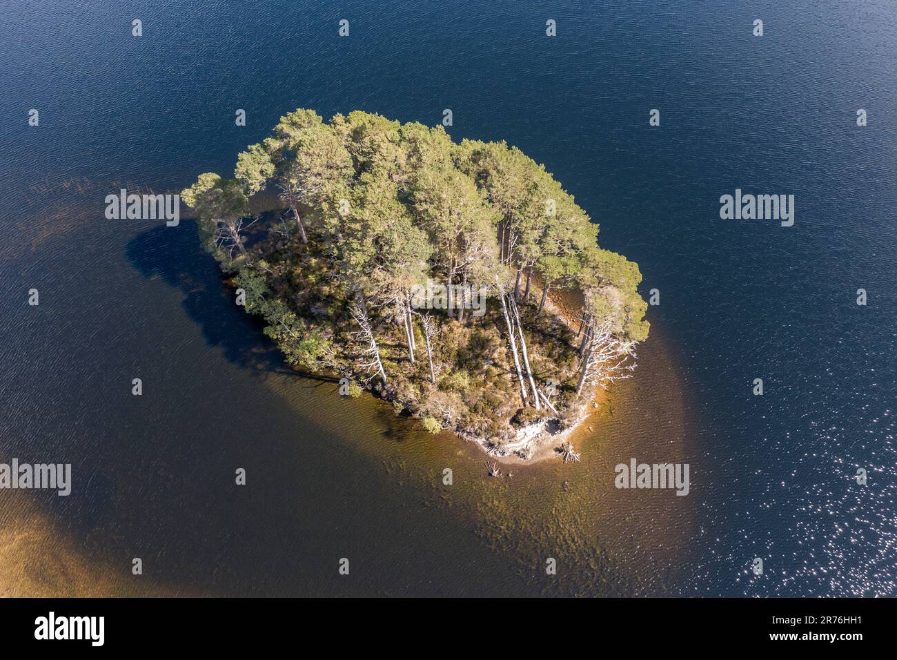 Aerial view of island Dumbledore's Grave, lake Loch Eilt, scottisch highland, Scotland, UK Stock Photo