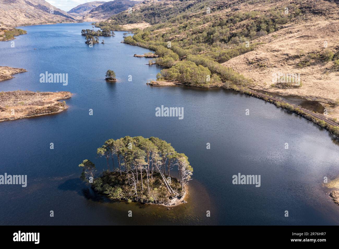 Aerial view over  lake Loch Eilt with island Dumbledore's Grave, scottisch highland, Scotland, UK Stock Photo