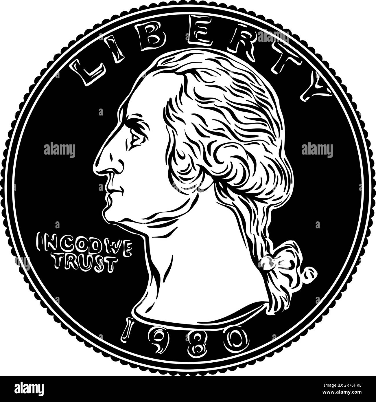 American money, United States Washington quarter dollar or 25-cent Gold coin, first USA president Washington on obverse. Black and white image Stock Vector