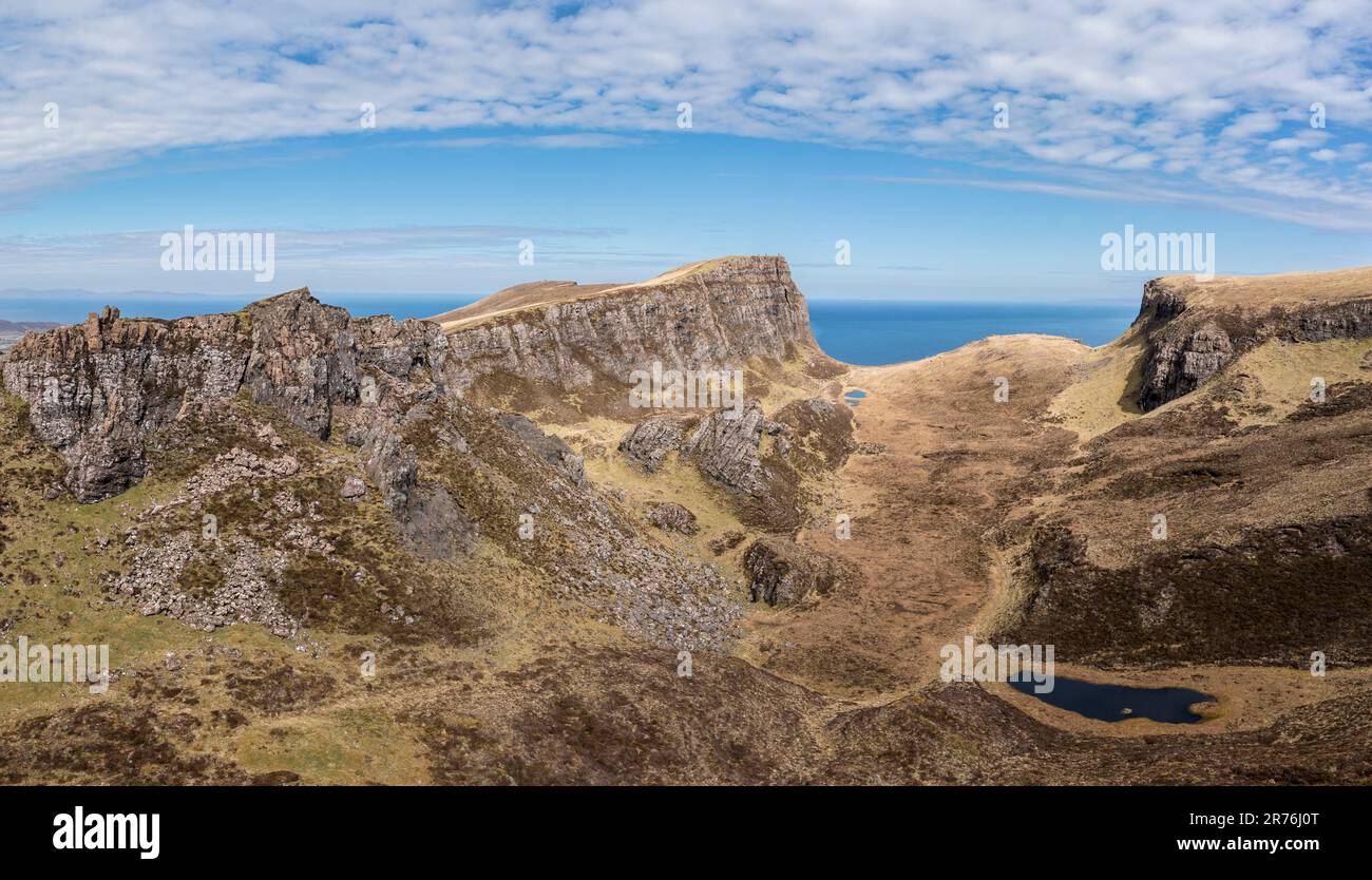 Aerial panoramic view of the Quiraing rock formations, Trotternish peninsula, Isle of Skye, Scotland, UK Stock Photo