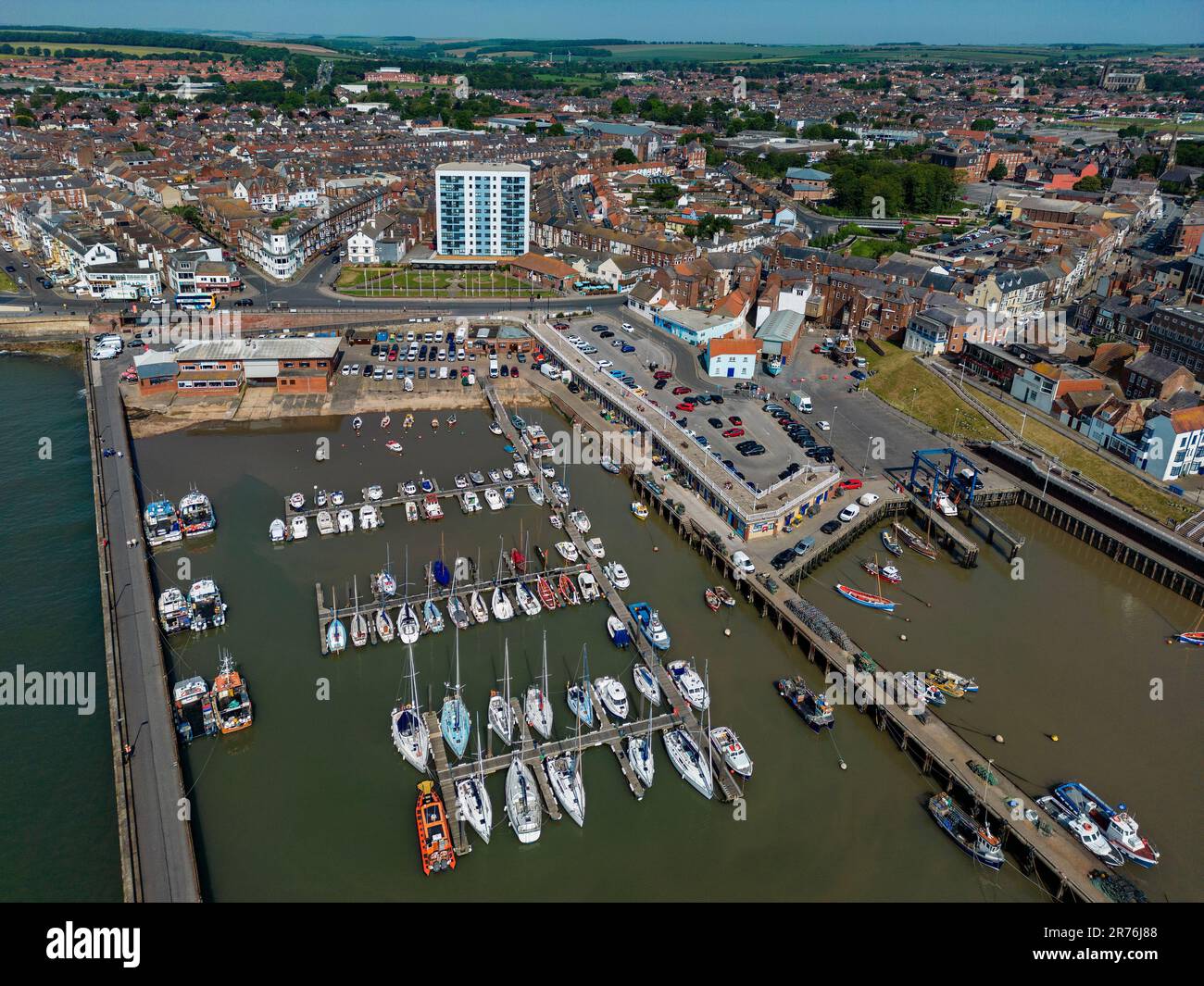 Aerial view of the harbor at Bridlington on the North Yorkshire coast in the United Kingdom. Stock Photo