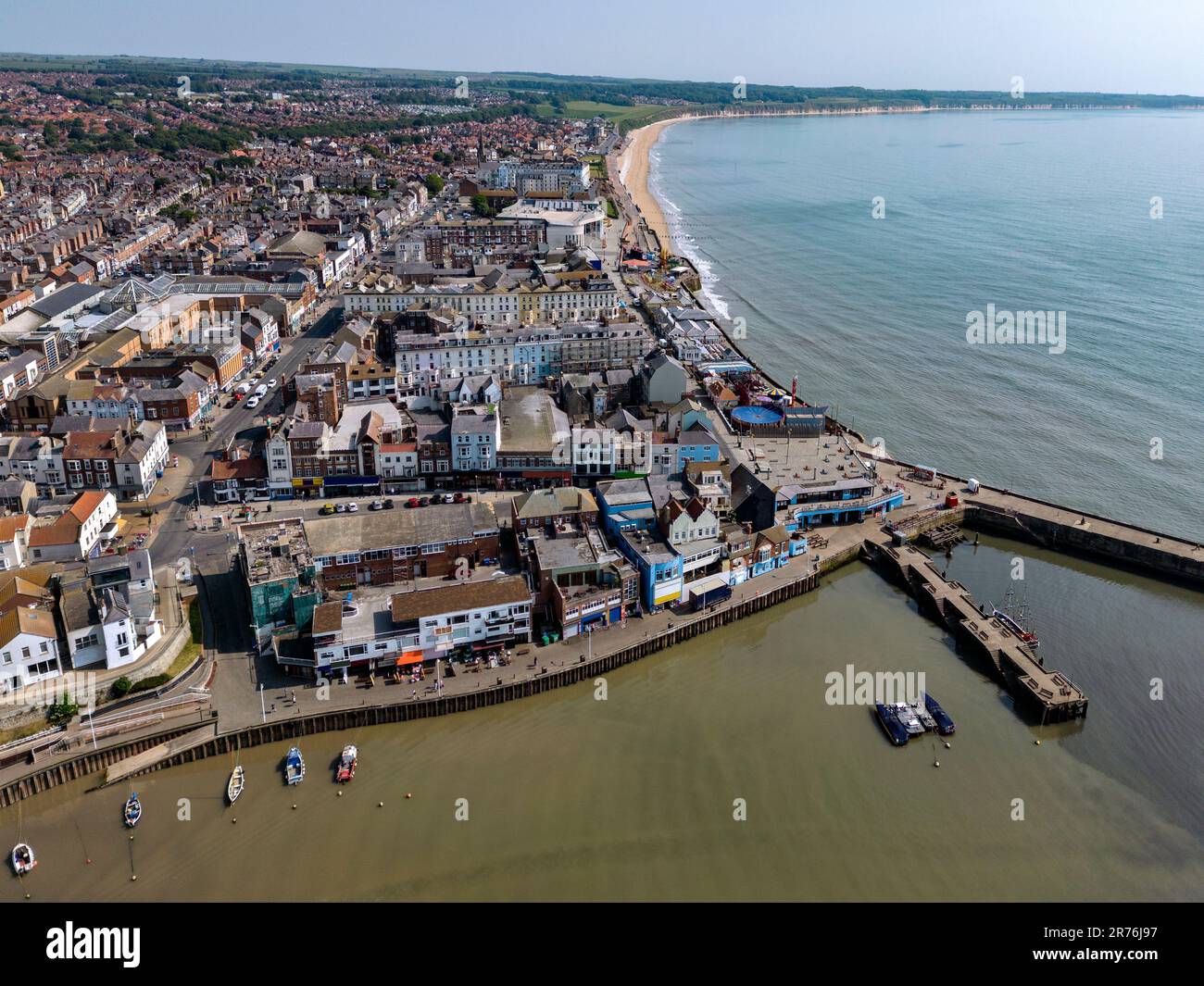 Aerial view of the seaside town of Bridlington on the North Yorkshire coast in the United Kingdom. Stock Photo