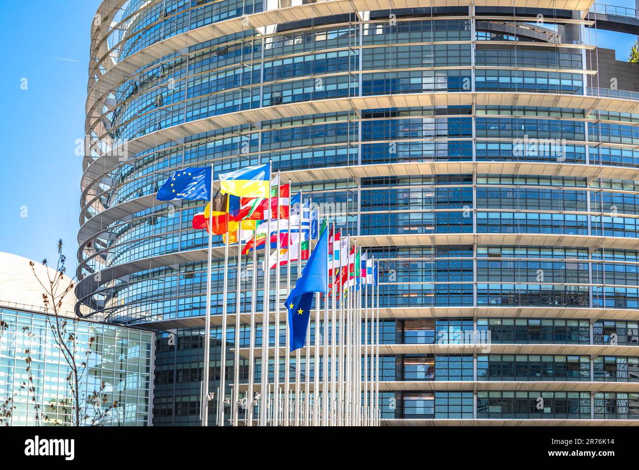 European countries flags in front of European Parliament building in Strasbourg view, Alsace region of France Stock Photo