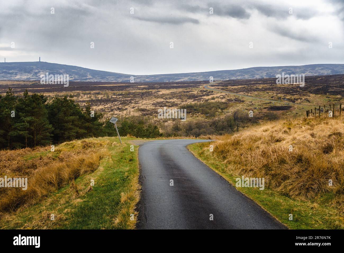 Single track road with passing places sign on the way to Langholm. Malcolm Monument on the hill on the left. Scottish Borders, Scotland, UK Stock Photo