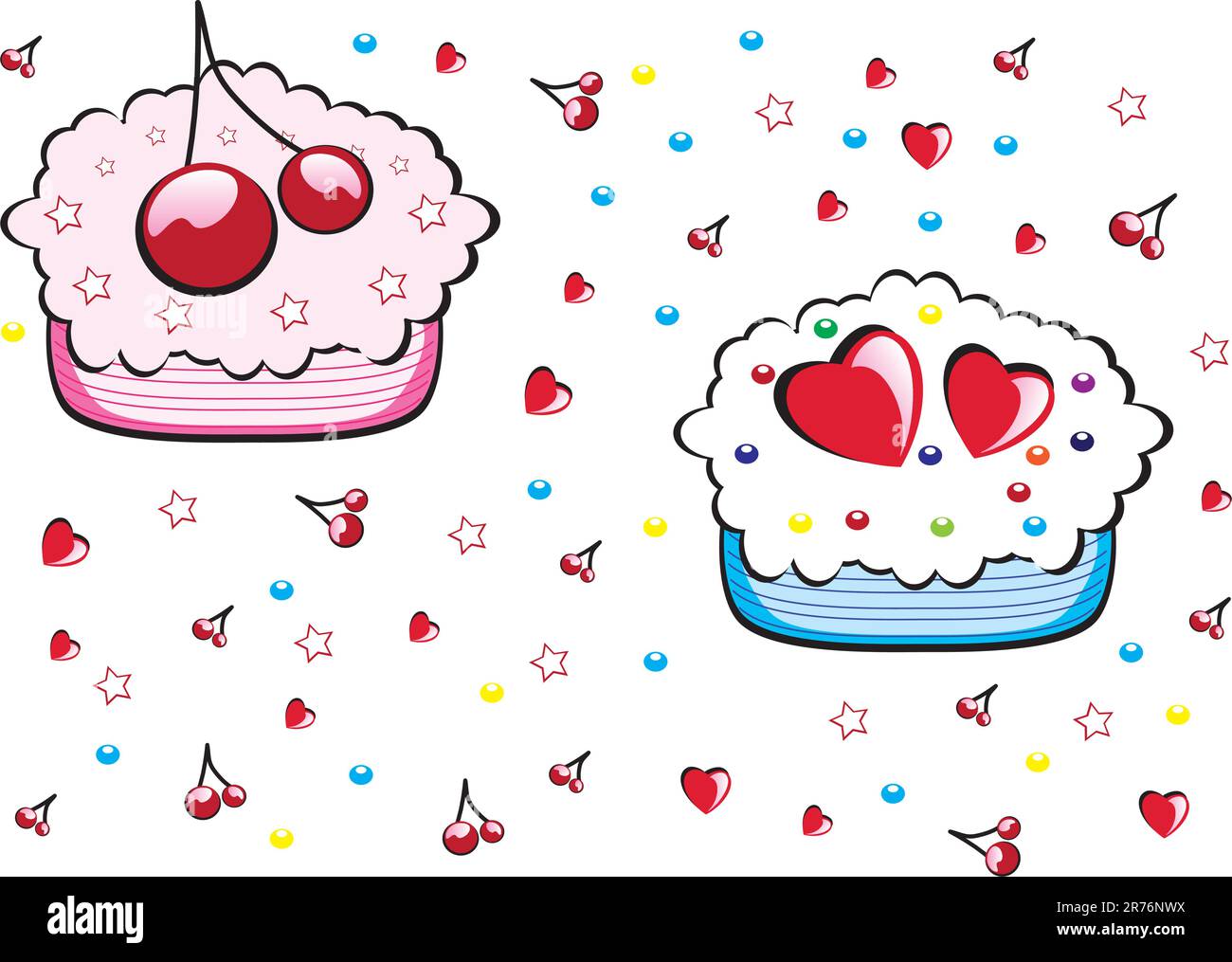 Seamless valentine pattern with cupcakes. Vector illustration on white. Stock Vector