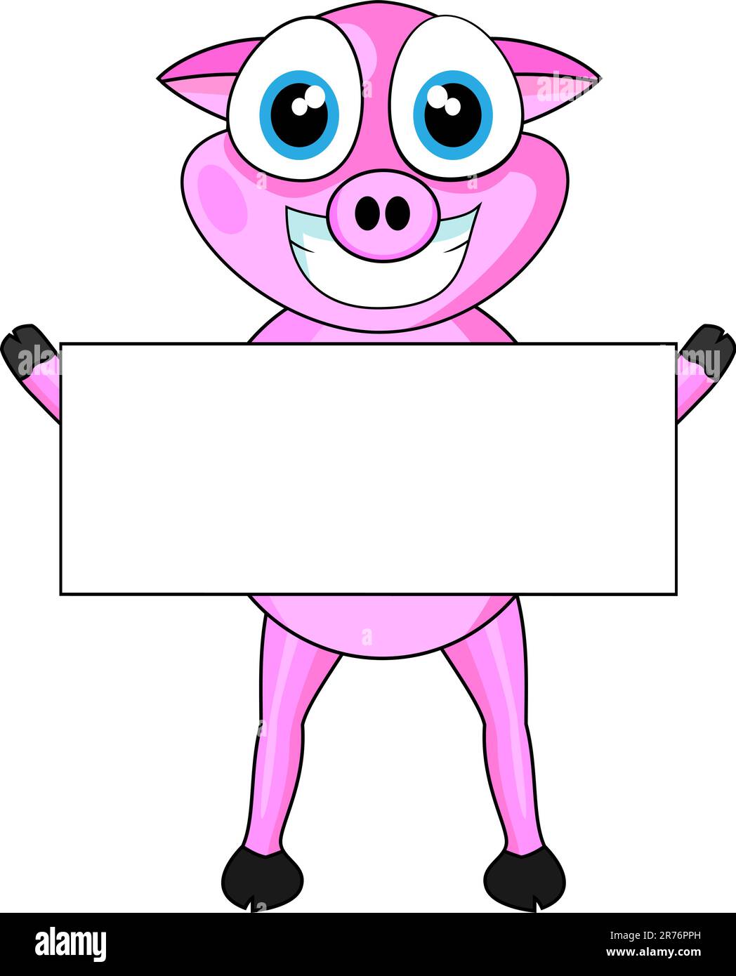 Vector Illustration of a cute pink happy pig holding a blank sign.No gradient Stock Vector
