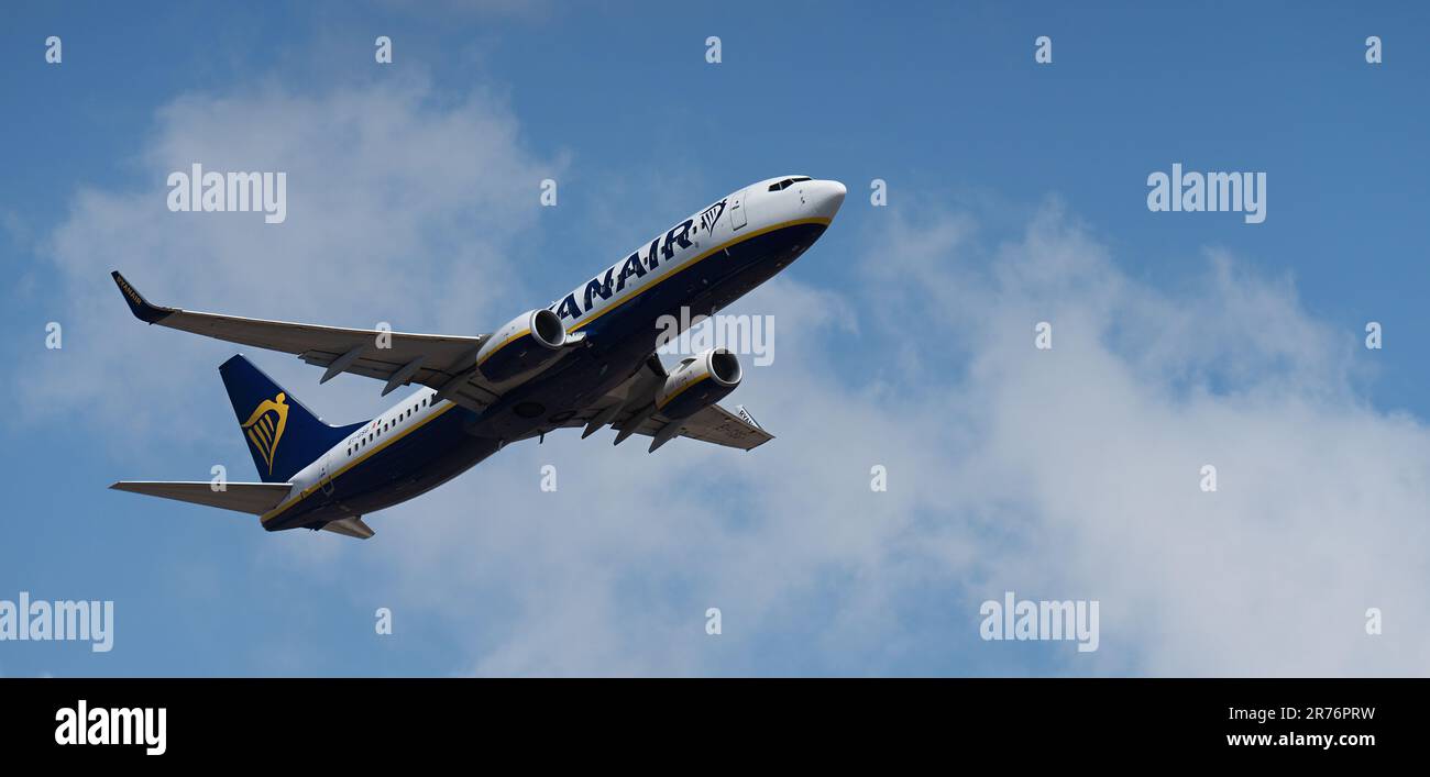 Tenerife, Spain May 30st, 2023. Boeing 737 of Ryanair Airlines flies in the blue sky. Ryanair take off from Tenerife. Ryanair is an Irish low-cost air Stock Photo