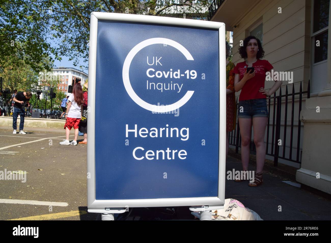London, UK. 13th June, 2023. An entrance sign is seen outside the UK Covid-19 Inquiry Hearing Centre in west London. Bereaved families gathered outside the centre as the public hearing into the UK's handling of the pandemic gets underway. (Photo by Vuk Valcic/SOPA Images/Sipa USA) Credit: Sipa USA/Alamy Live News Stock Photo