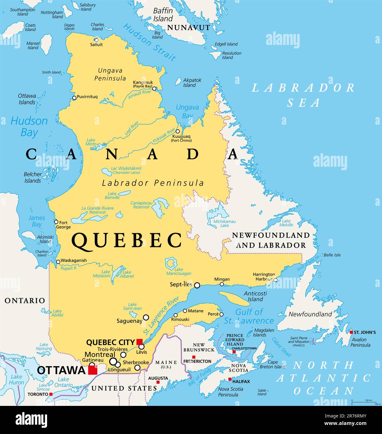 Quebec, largest province in the eastern part of Canada, political map. Largest province, located in Central Canada, with capital Quebec City. Stock Photo