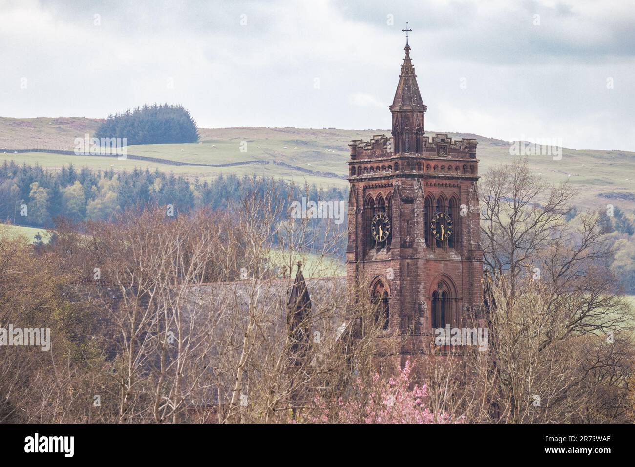 Spring view of the tower of St Andrews Parish Church, Moffat, Scotland