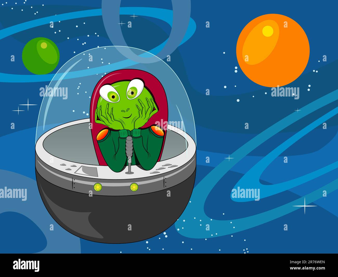 Vector picture with dreaming alien in the spaceship Stock Vector