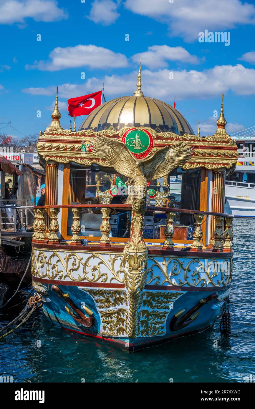 Fish restaurant boat, Eminonu, Istanbul, Turkey Stock Photo