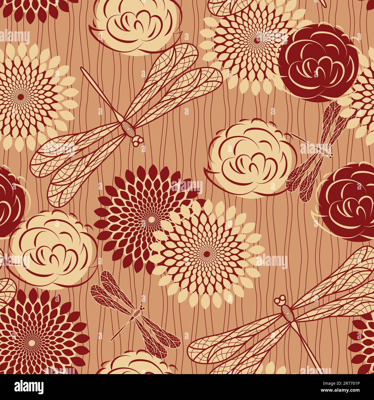 vector seamless background with vintage flowers and dragonflies ...