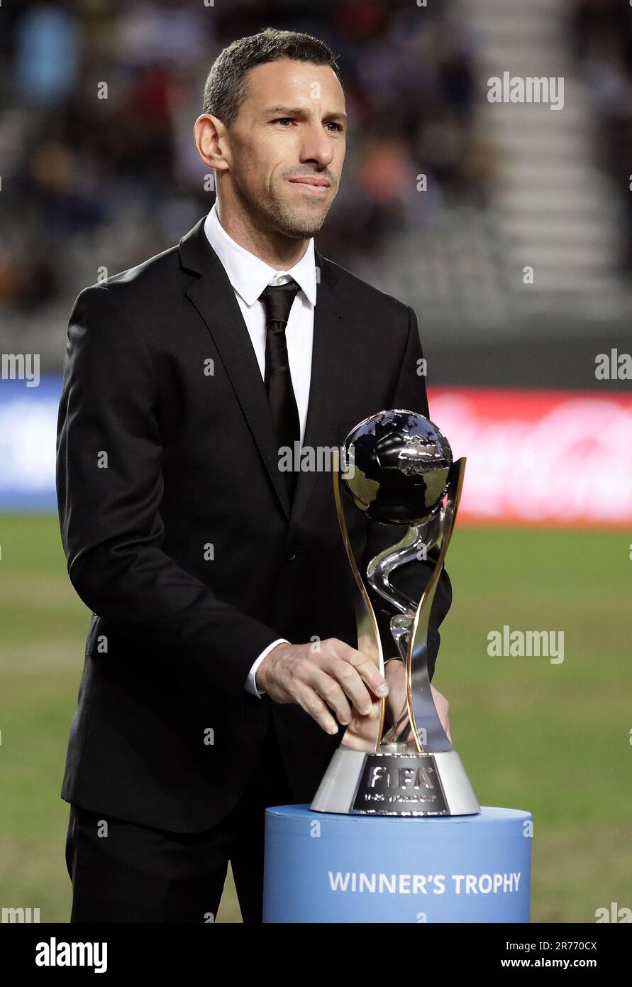 Argentine Ambassador of FIFA and former player Maximiliano Rodriguez puts the trophy before the Argentina 2023 FIFA U-20 World Cup final football match between Uruguay and Italy, at Diego Armando Maradona stadium in La Plata, Argentina, on June 11, 2023. Stock Photo