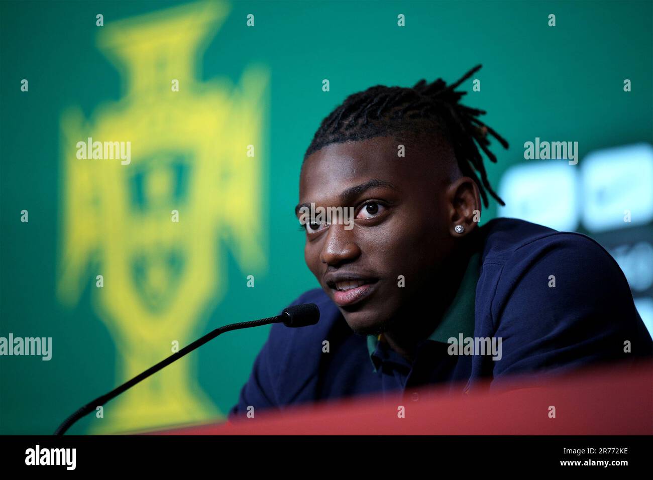 Oeiras, Portugal. 13th June, 2023. Portugal's forward Rafael Leao attends a press conference at Cidade do Futebol training camp in Oeiras, Portugal, on June 13, 2023, as part of the team's preparations for the upcoming UEFA Euro 2024 football tournament qualifying match against Bosnia and Herzegovina. (Credit Image: © Pedro Fiuza/ZUMA Press Wire) EDITORIAL USAGE ONLY! Not for Commercial USAGE! Stock Photo