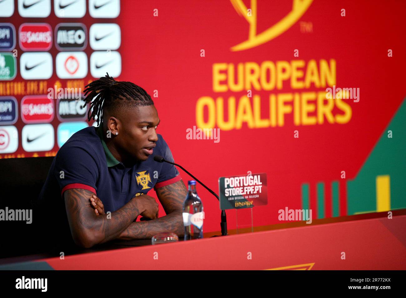 Oeiras, Portugal. 13th June, 2023. Portugal's forward Rafael Leao attends a press conference at Cidade do Futebol training camp in Oeiras, Portugal, on June 13, 2023, as part of the team's preparations for the upcoming UEFA Euro 2024 football tournament qualifying match against Bosnia and Herzegovina. (Credit Image: © Pedro Fiuza/ZUMA Press Wire) EDITORIAL USAGE ONLY! Not for Commercial USAGE! Stock Photo