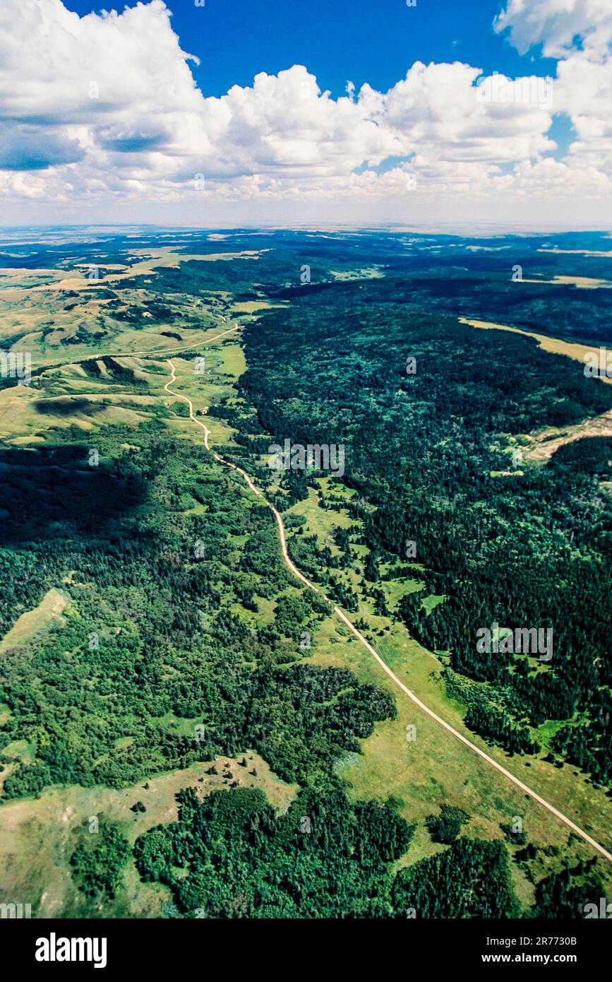 Aerial of Cypress Hills Interprovincial Park, Alberta, Saskatchewan, Canada Stock Photo