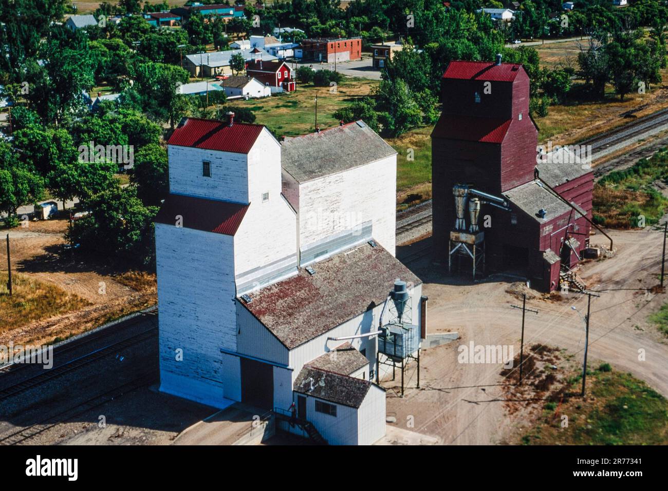Aerial of grain elevators, Mortlach, Saskatchewan, Canada Stock Photo