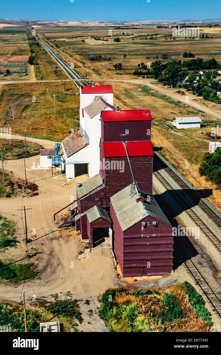 Aerial of grain elevators, Mortlach, Saskatchewan, Canada Stock Photo