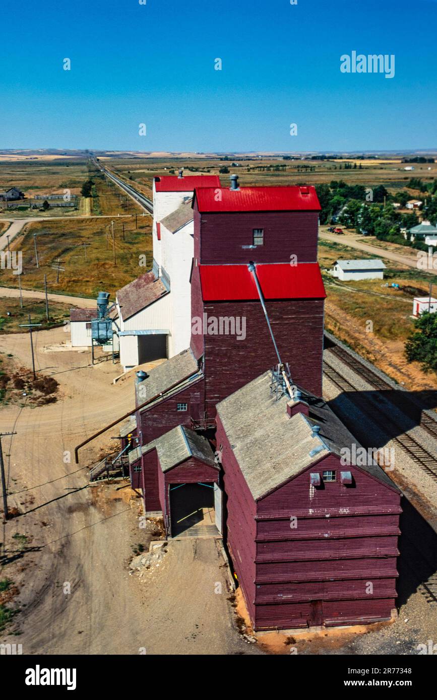 Aerial of grain elevators, Mortlach, Saskatchewan, Canada Stock Photo