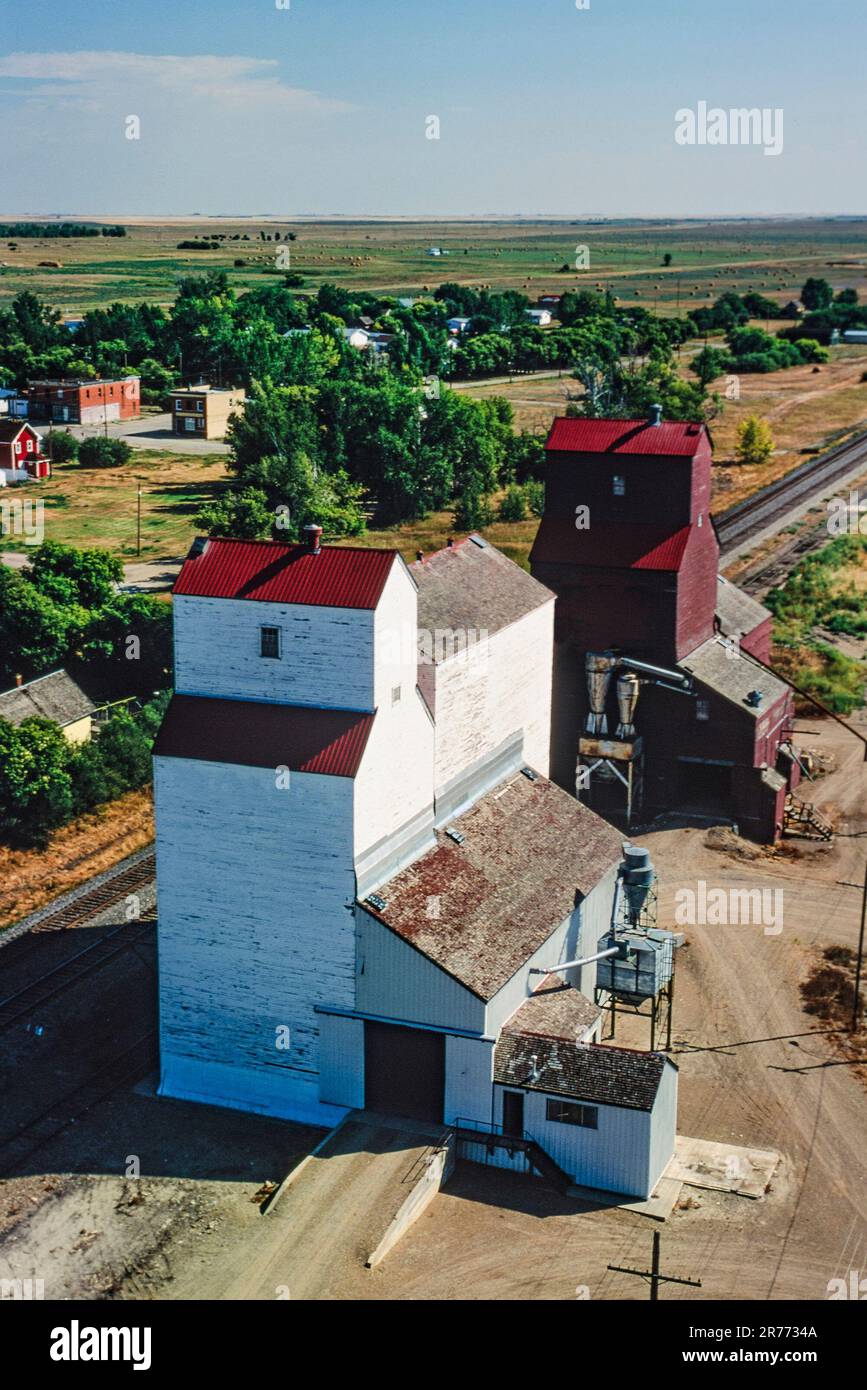 Aerial of grain elevators, Mortlach, Saskatchewan, Canada Stock Photo