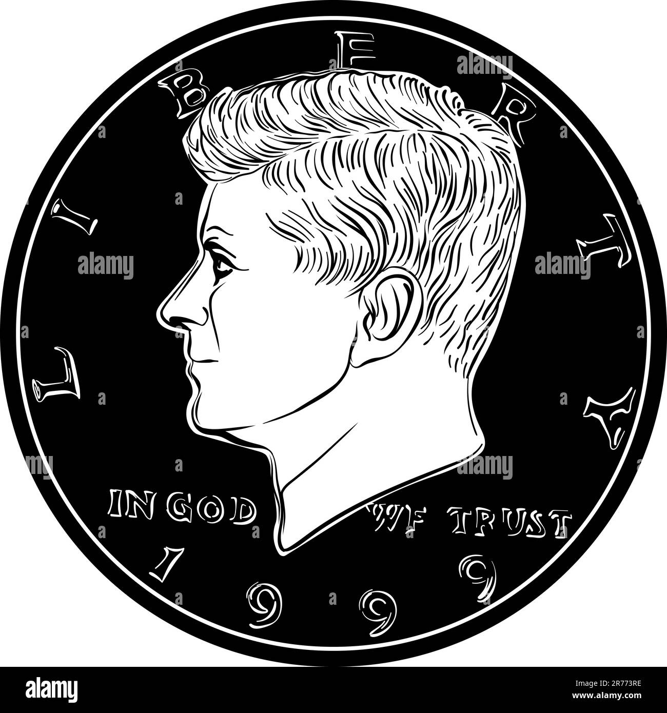 United States coin Half dollar with John F Kennedy on obverse. Black and white image Stock Vector