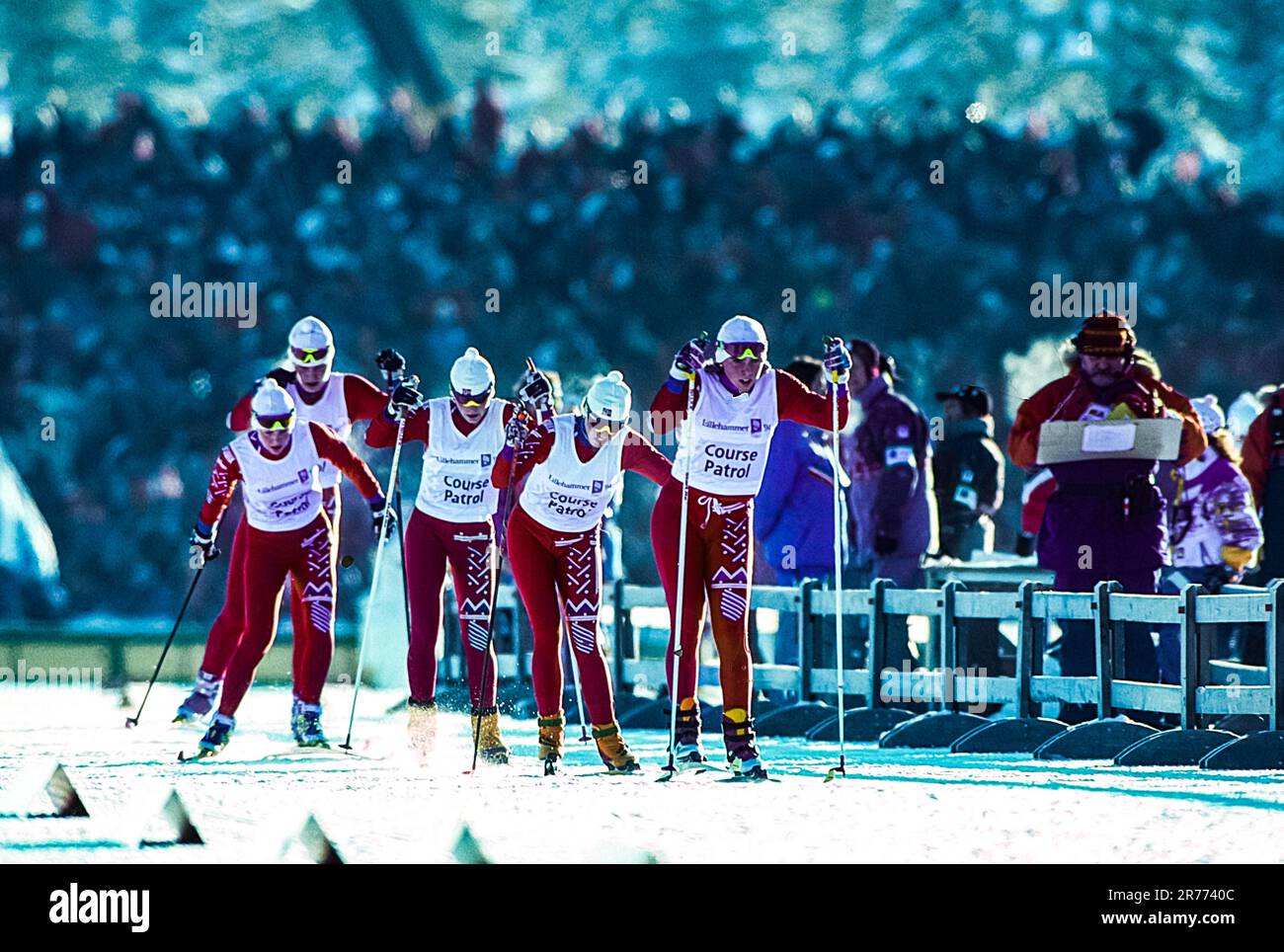 Course Patrol in the Women's biathlon 15 km individual competition at the 1994 Olympic Winter Games. Stock Photo