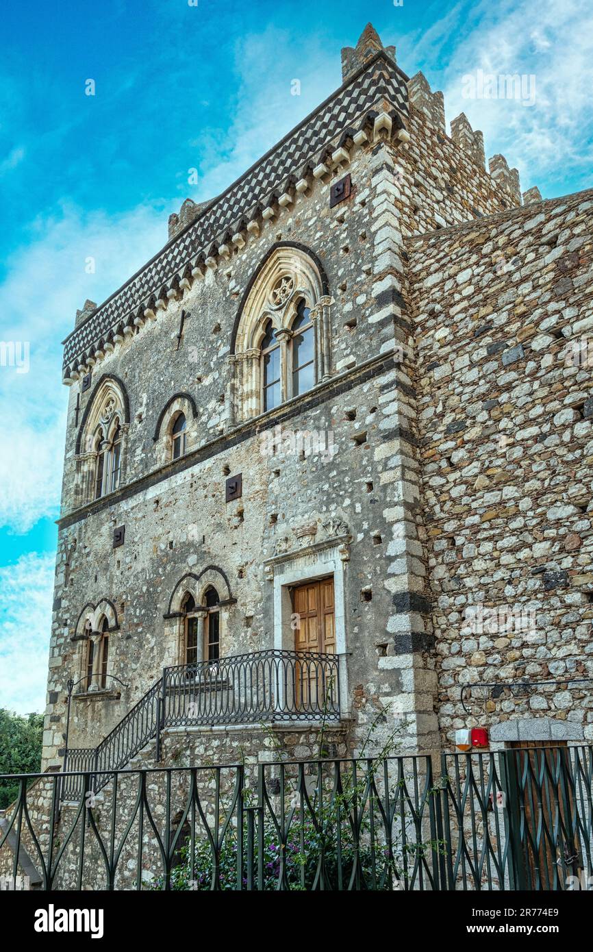 Palazzo Duchi di Santo Stefano di Taormina is a masterpiece of Sicilian Gothic art with characteristic Norman elements. Taormina. Messina province Stock Photo