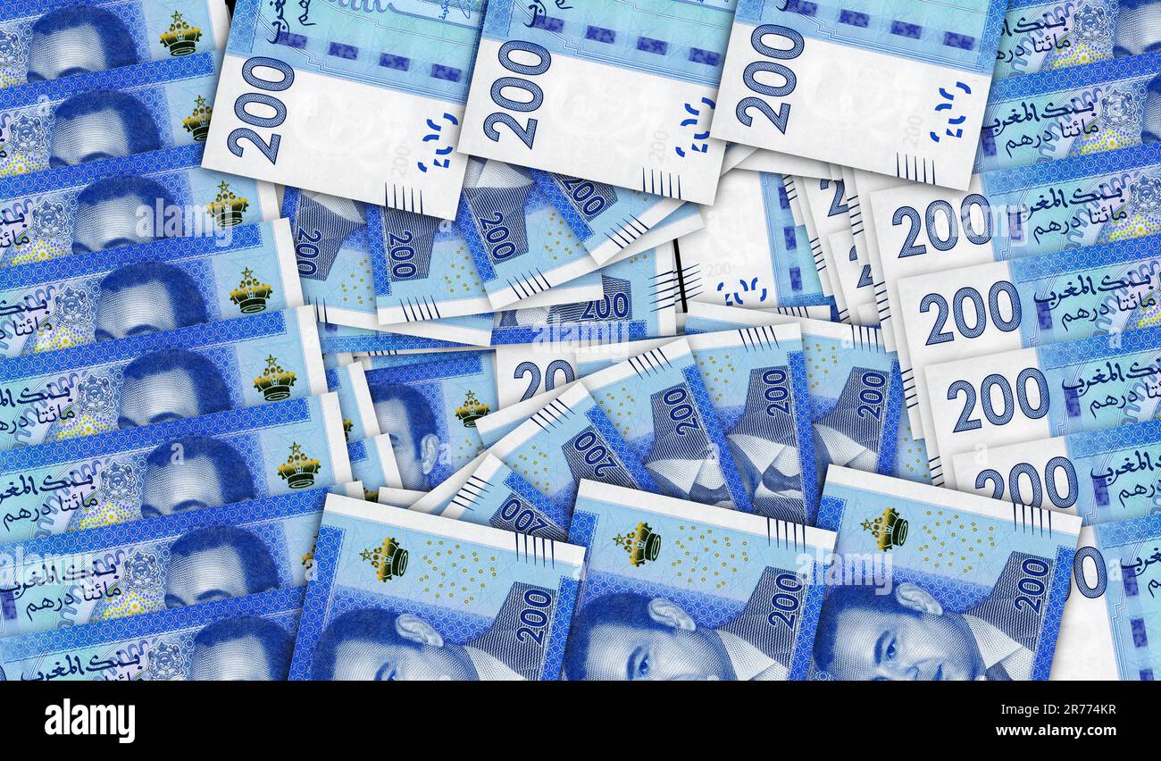 Morocco Dirham banknotes in a cash fan mosaic pattern. Moroccan Dirhams