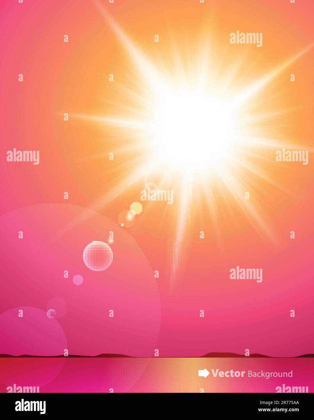Seaside view with sun and warm sunlight. Vector illustration Stock ...