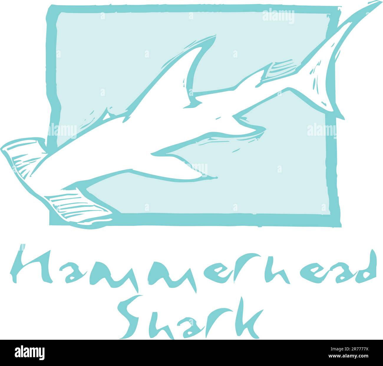 Hammerhead shark swims in the ocean in woodcut style image. Stock Vector
