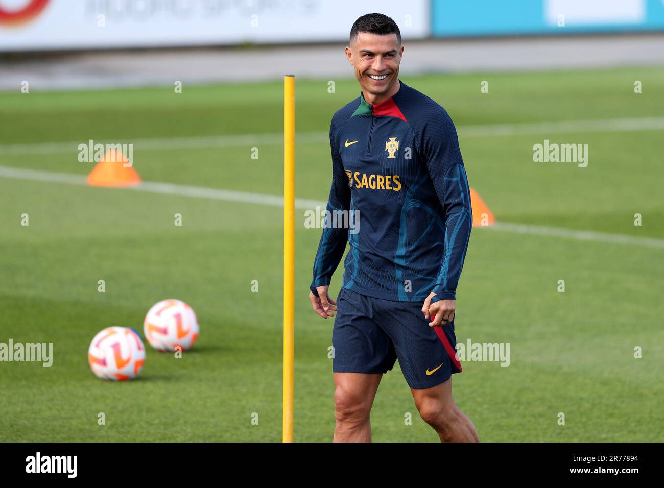 Oeiras, Portugal. 13th June, 2023. Portugal's forward Cristiano Ronaldo attends a training session at Cidade do Futebol training camp in Oeiras, Portugal, on June 13, 2023, as part of the team's preparations for the upcoming UEFA Euro 2024 football tournament qualifying match against Bosnia and Herzegovina. (Credit Image: © Pedro Fiuza/ZUMA Press Wire) EDITORIAL USAGE ONLY! Not for Commercial USAGE! Stock Photo