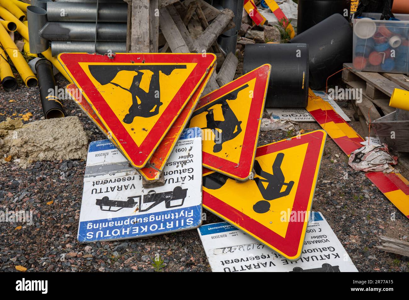 Finnish road construction signs on the ground Stock Photo