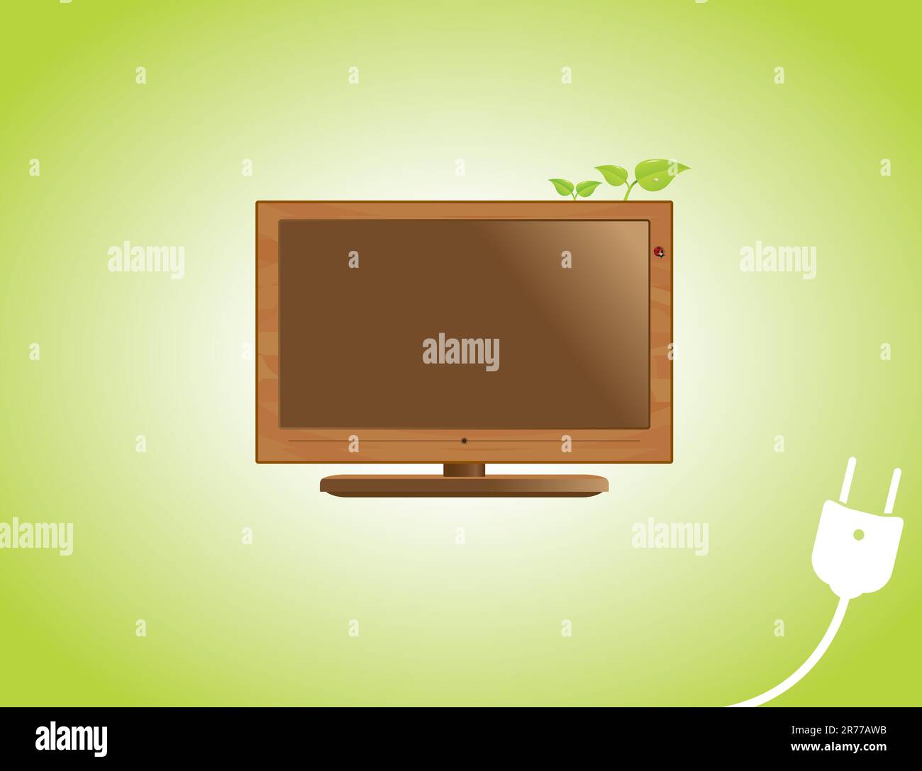 A LCD television with a wooden frame, leaves and a ladybug, on a green background. Stock Vector