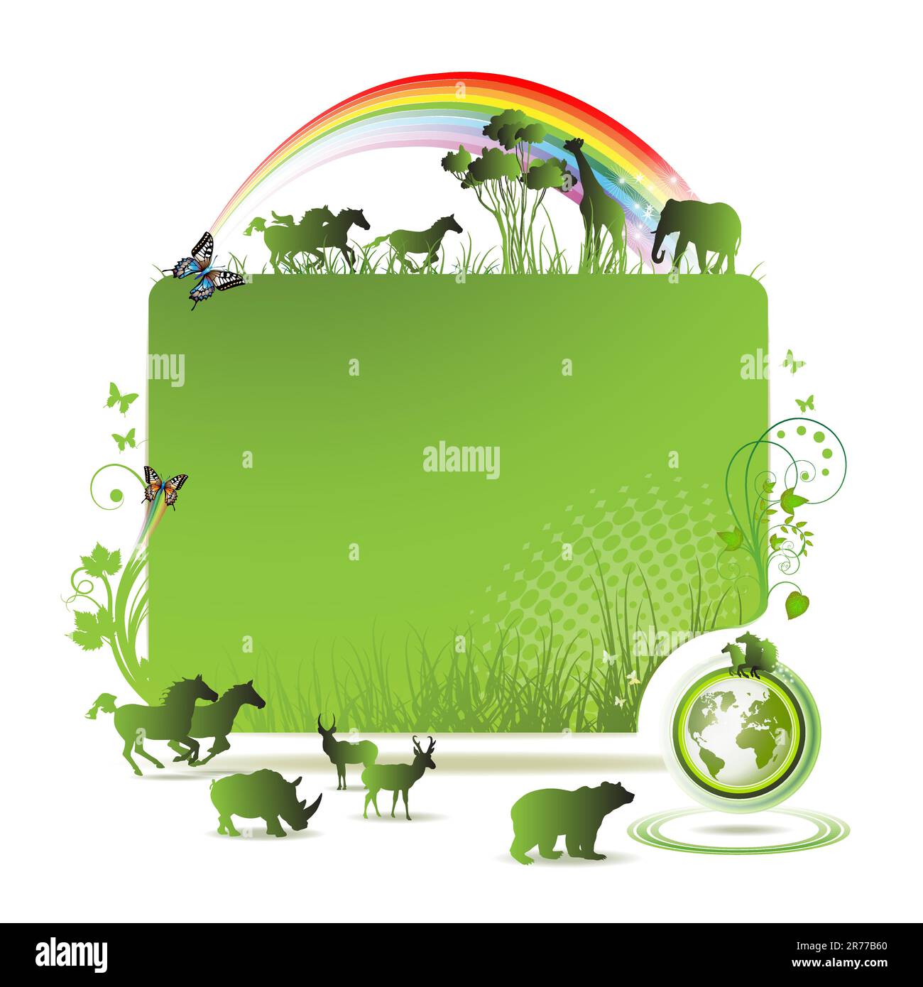 Green earth banner, background with horses and butterflies Stock Vector