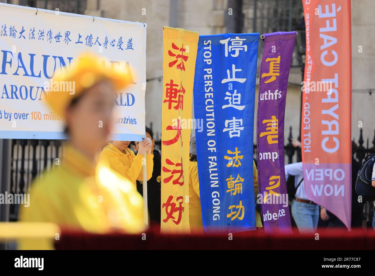 Protest by Falun Gong outside St Martin's-in-the-field, against the killing and organ harvesting by the Chinese government, in London, UK Stock Photo