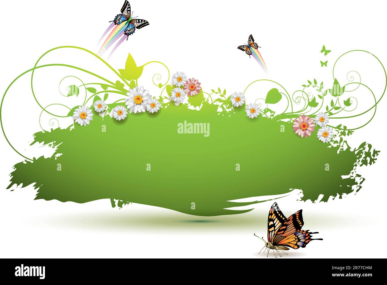 Green background with flowers and butterflies Stock Vector Image & Art