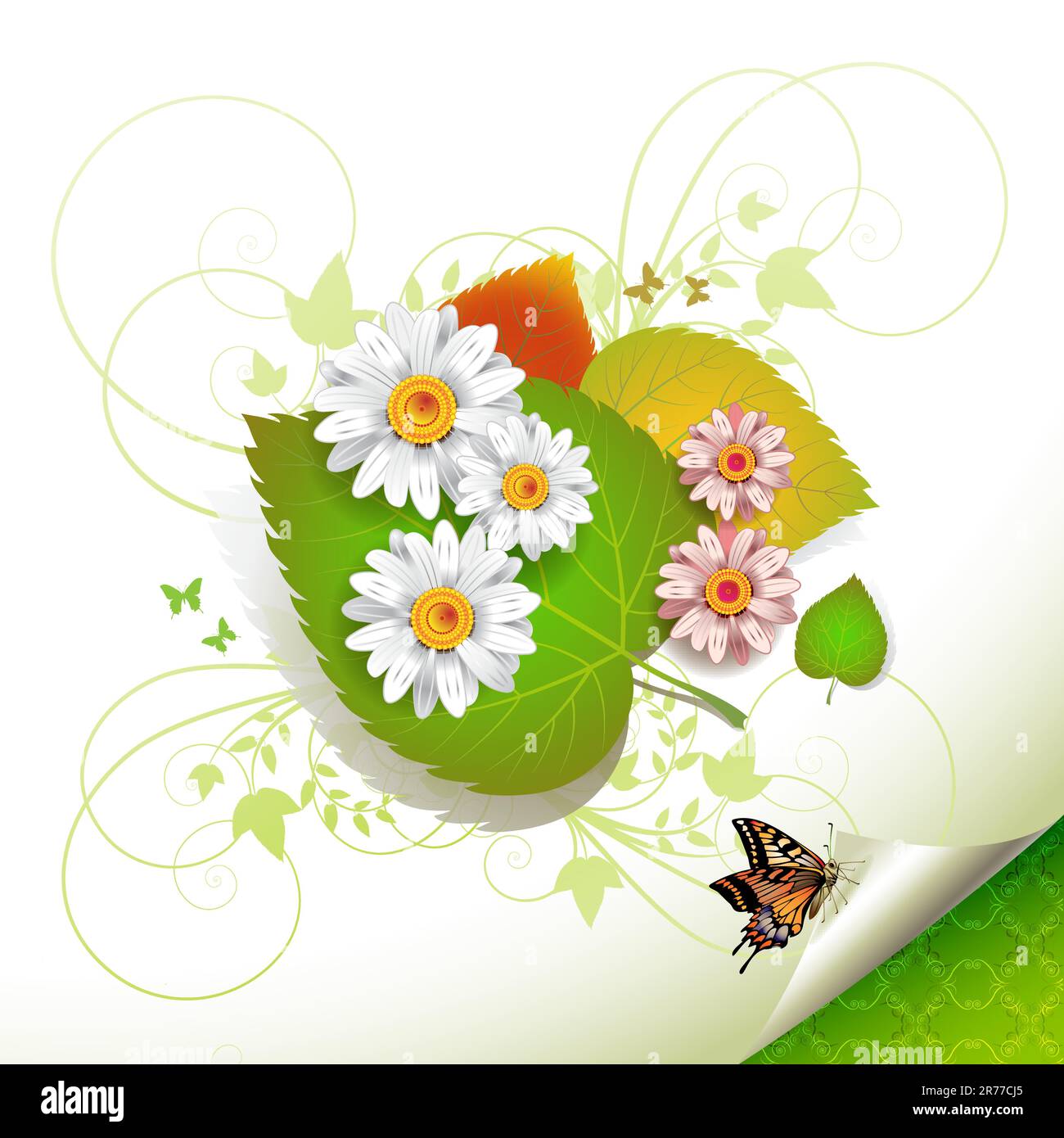 Flowers over leaves and butterflies Stock Vector