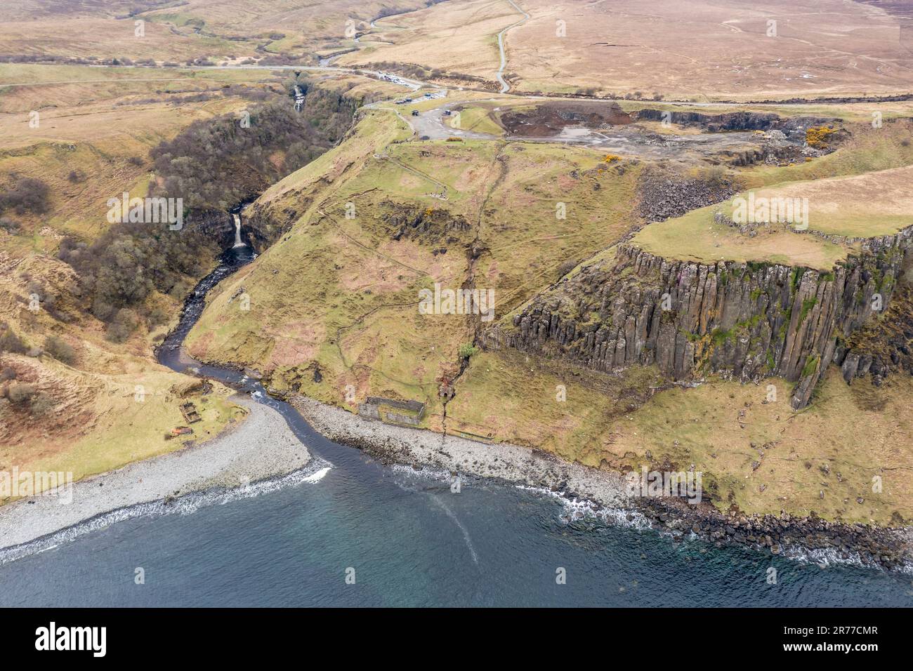 Aerial view of Lealt waterfall and  basalt cliff near  Staffin, Isle of Skye, Scotland, UK Stock Photo