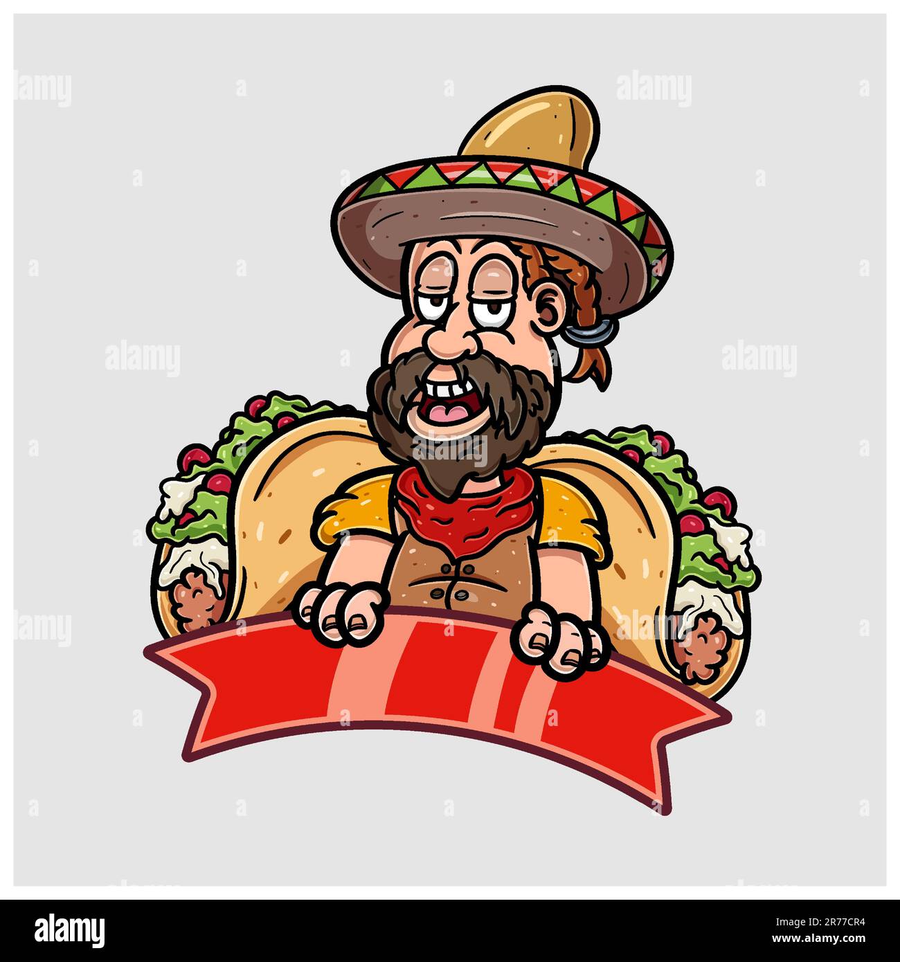 Cartoon Mascot of Bearded Boy Mexican Food and Taco. Stock Vector