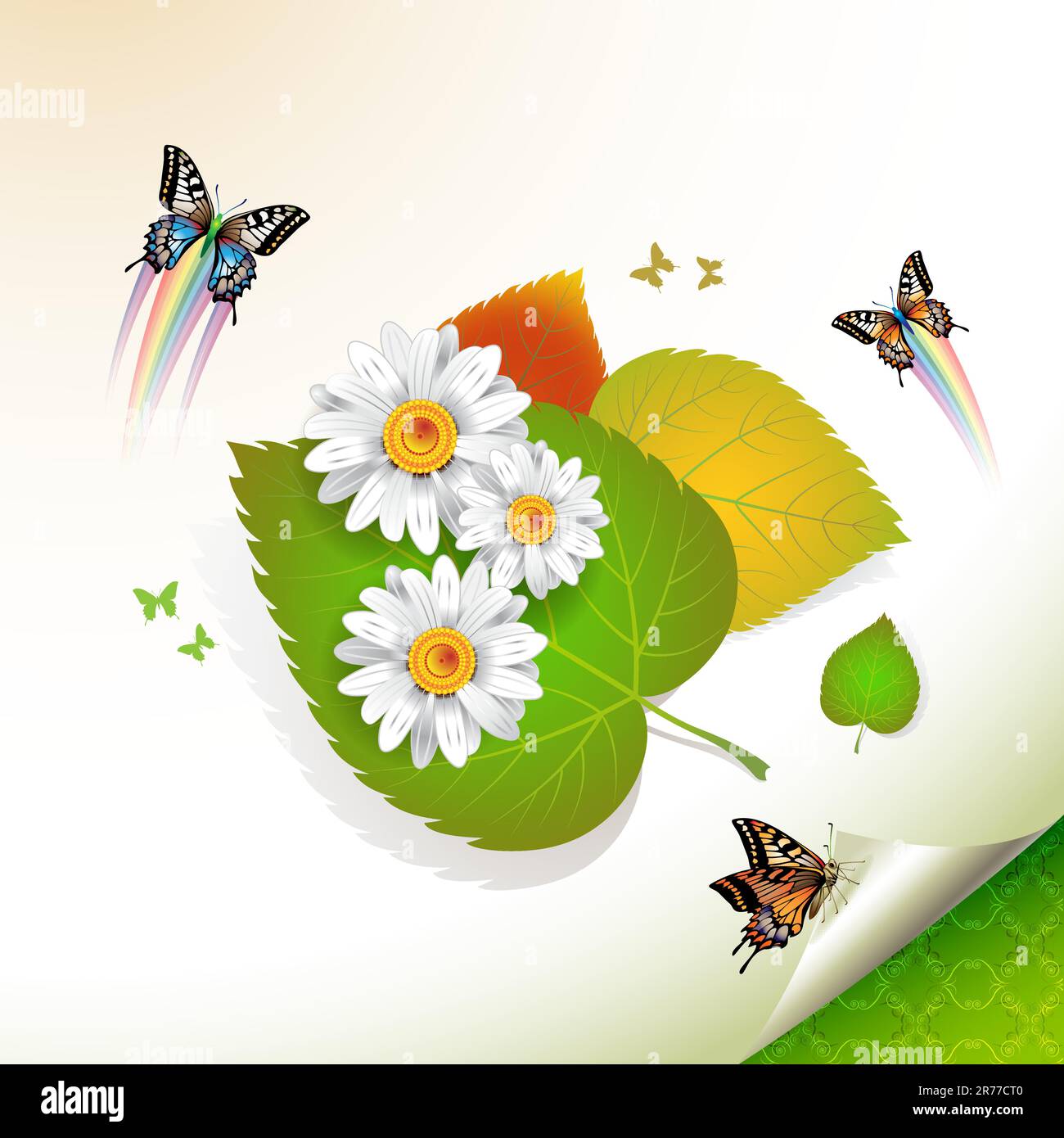 Flowers over leaves and butterflies Stock Vector