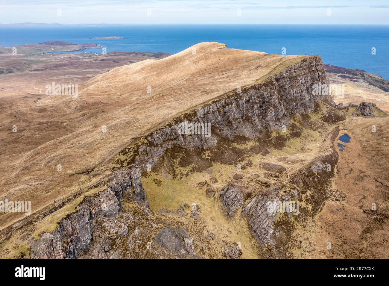 Aerial view of the Quiraing rock formations, Trotternish peninsula, Isle of Skye, Scotland, UK Stock Photo