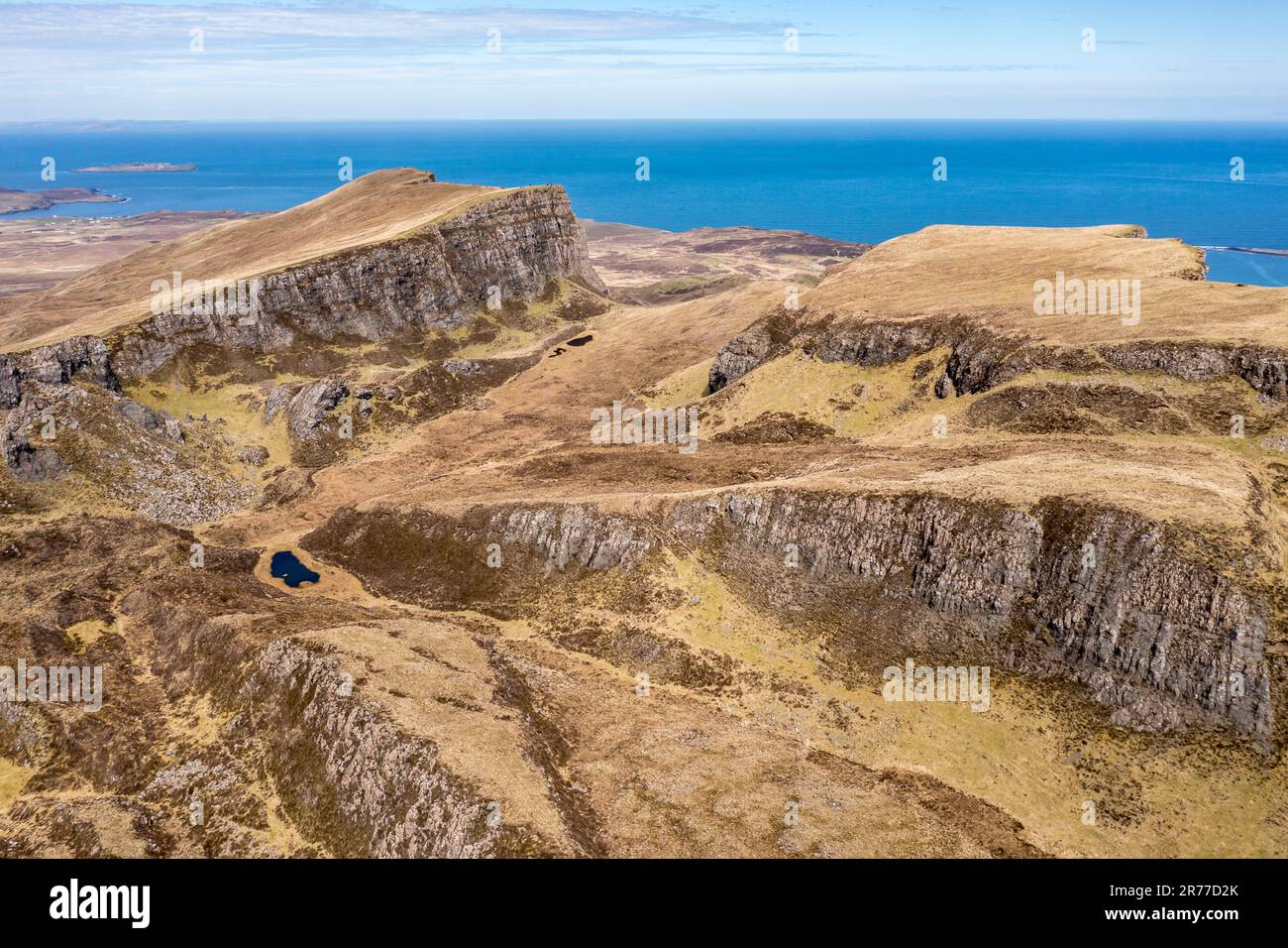 Aerial view of the Quiraing rock formations, Trotternish peninsula, Isle of Skye, Scotland, UK Stock Photo