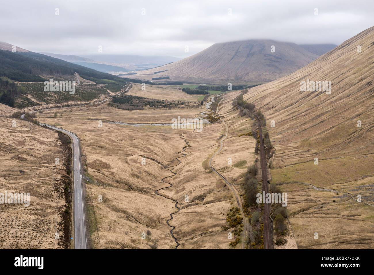 Rails of the west highland railway line north of Tyndrum, scottish highlands, aerial view, Scotland, UK Stock Photo