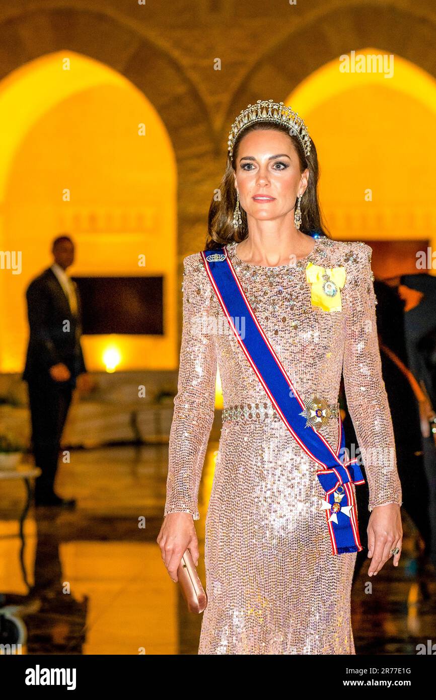 Catherine Princess of Wales during the dinner banquet on Crown Prince Al  Hussein bin Abdullah II and Princess Rajwa their Royal Wedding at Zahran  Palace in Amman, Jordan. (Photo by DPPA/Sipa USA)