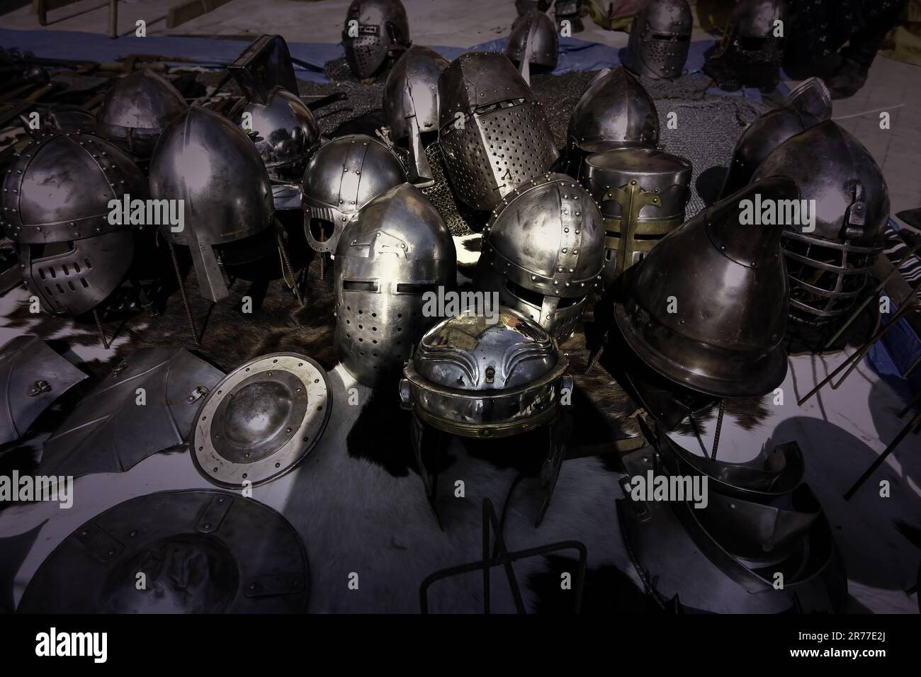 Iron medieval helmets and shields, history and culture Stock Photo Alamy