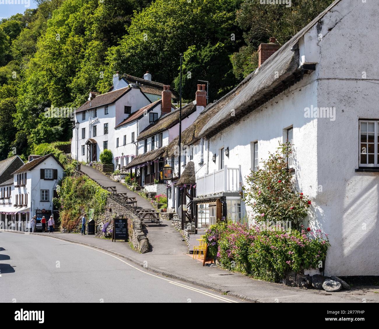 Quaint thatched cottages are stepped up a hillside in the Exmoor village of Lynmouth, North Devon. Stock Photo