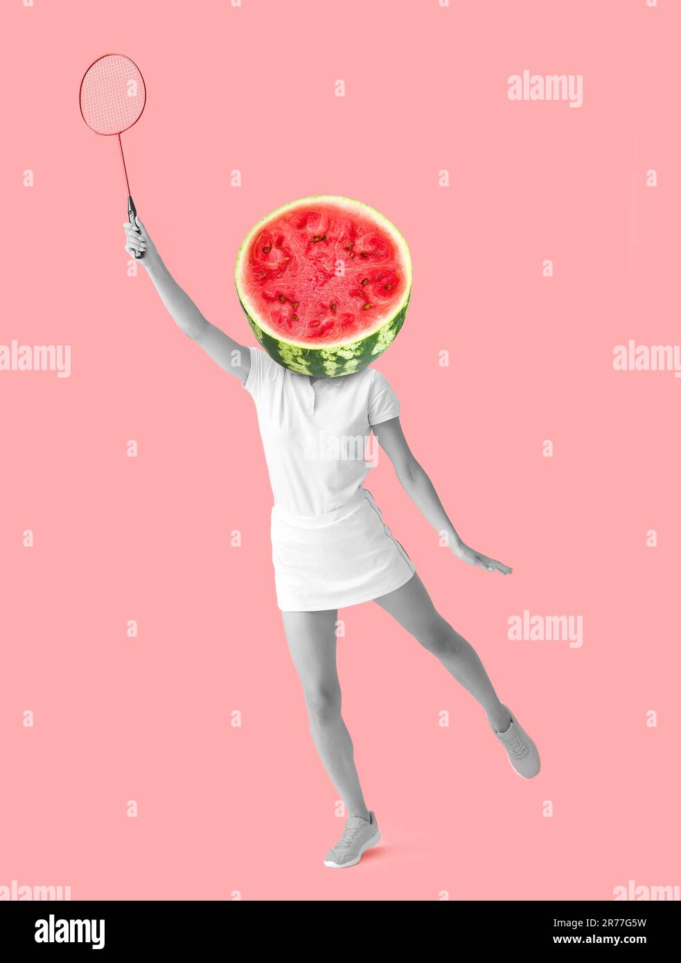 Running female badminton player with juicy watermelon instead of her
