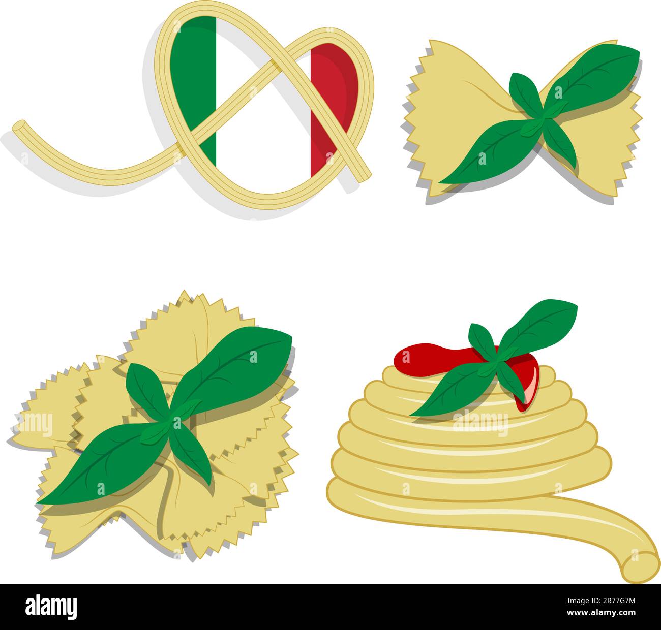 Vector picture with elements for menu: fork, spoon, pasta, basil Stock Vector