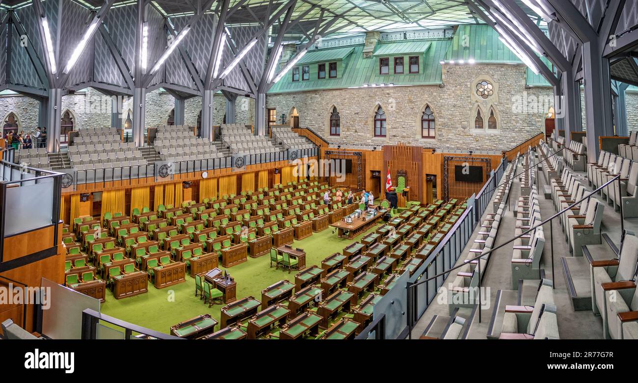 Inside the temporary Canada House of Commons Chamber in the West Blcok on Parliament Hill in Ottawa, Ontario, Canada on 27 May 2023 Stock Photo
